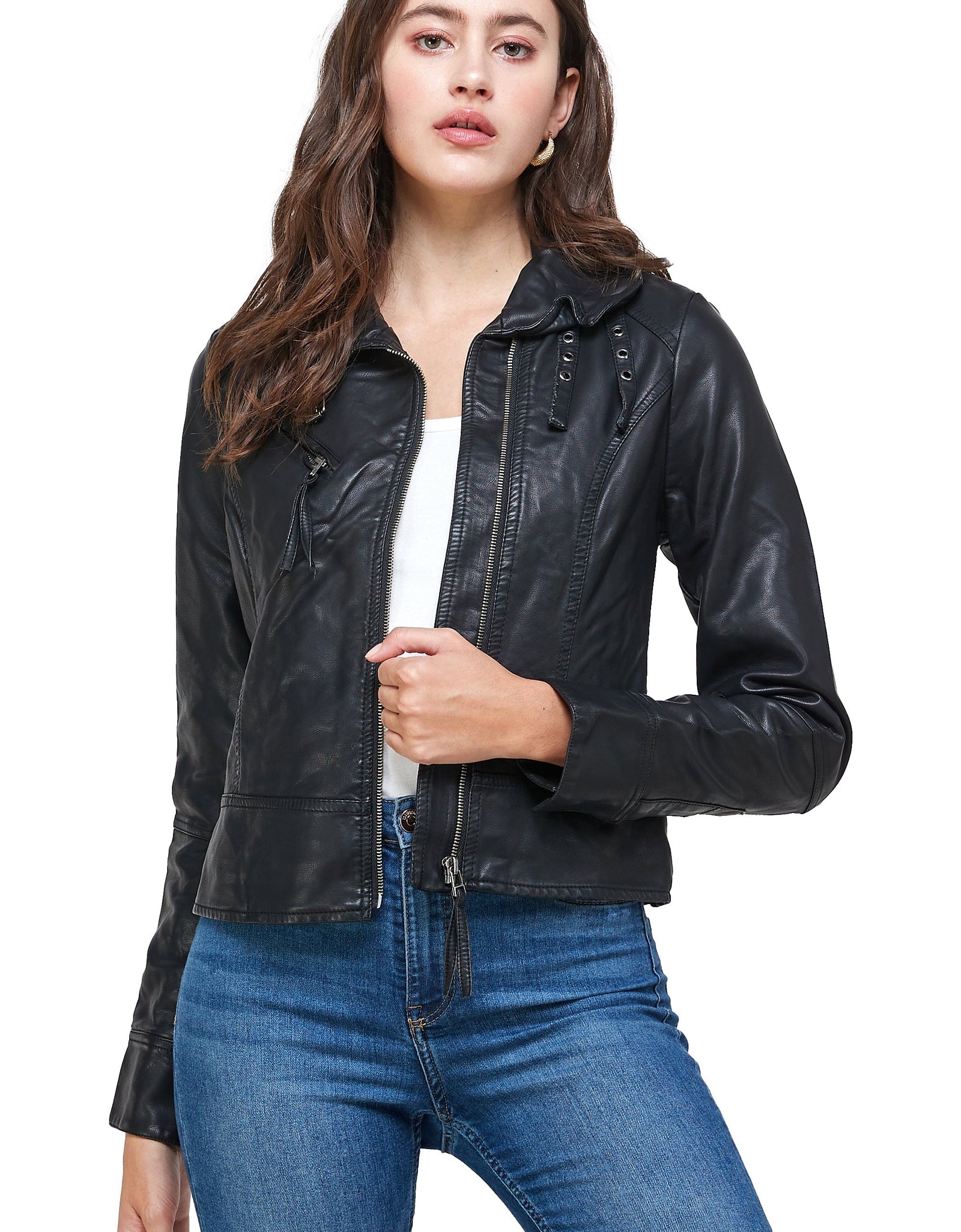 Double Buckle High Neck Vegan Leather Biker Jacket