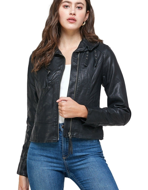 Load image into Gallery viewer, Double Buckle High Neck Vegan Leather Biker Jacket
