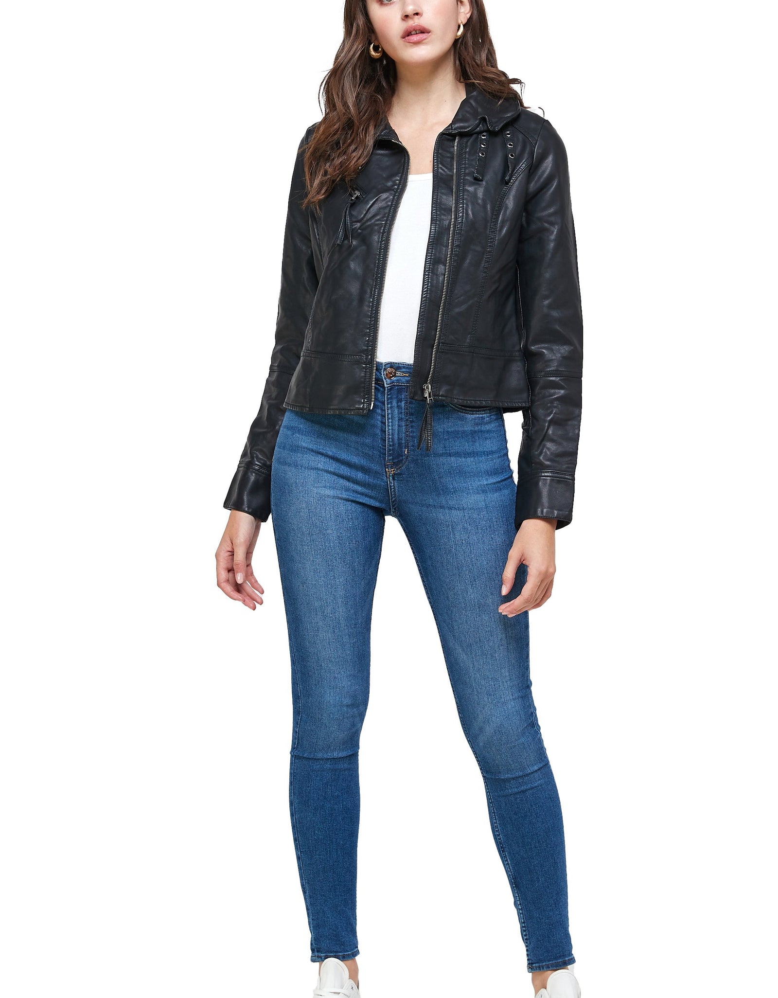 Double Buckle High Neck Vegan Leather Biker Jacket