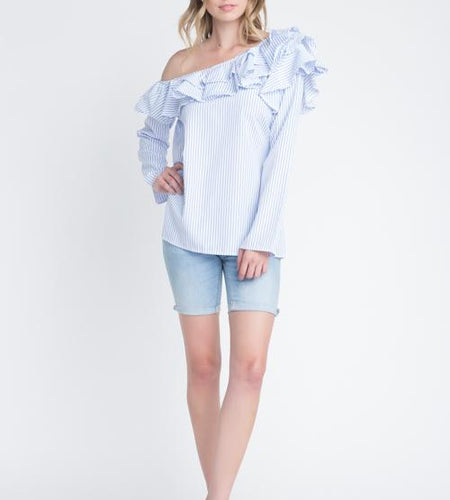 Women's One Shoulder Stripe Ruffle Top