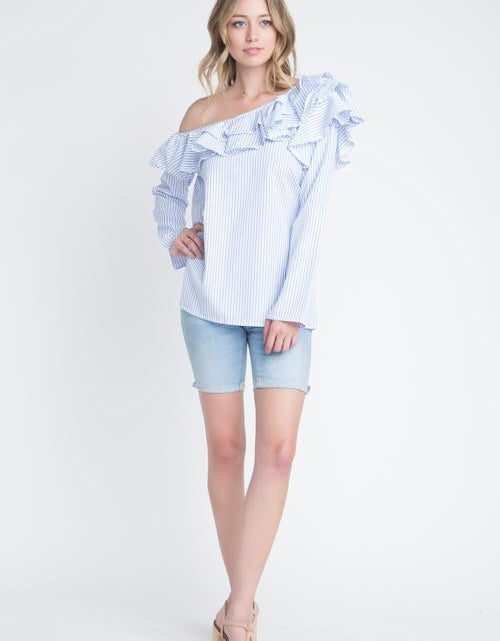 Load image into Gallery viewer, Women's One Shoulder Stripe Ruffle Top
