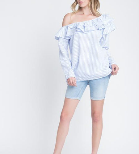 Women's One Shoulder Stripe Ruffle Top