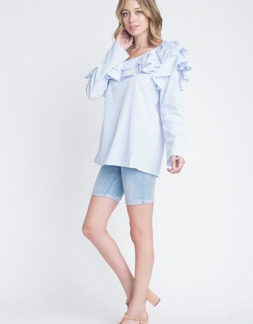 Load image into Gallery viewer, Women's One Shoulder Stripe Ruffle Top
