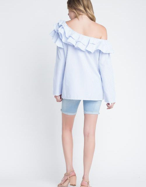 Load image into Gallery viewer, Women's One Shoulder Stripe Ruffle Top
