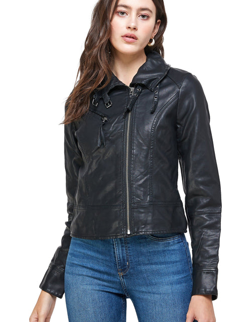 Load image into Gallery viewer, Double Buckle High Neck Vegan Leather Biker Jacket
