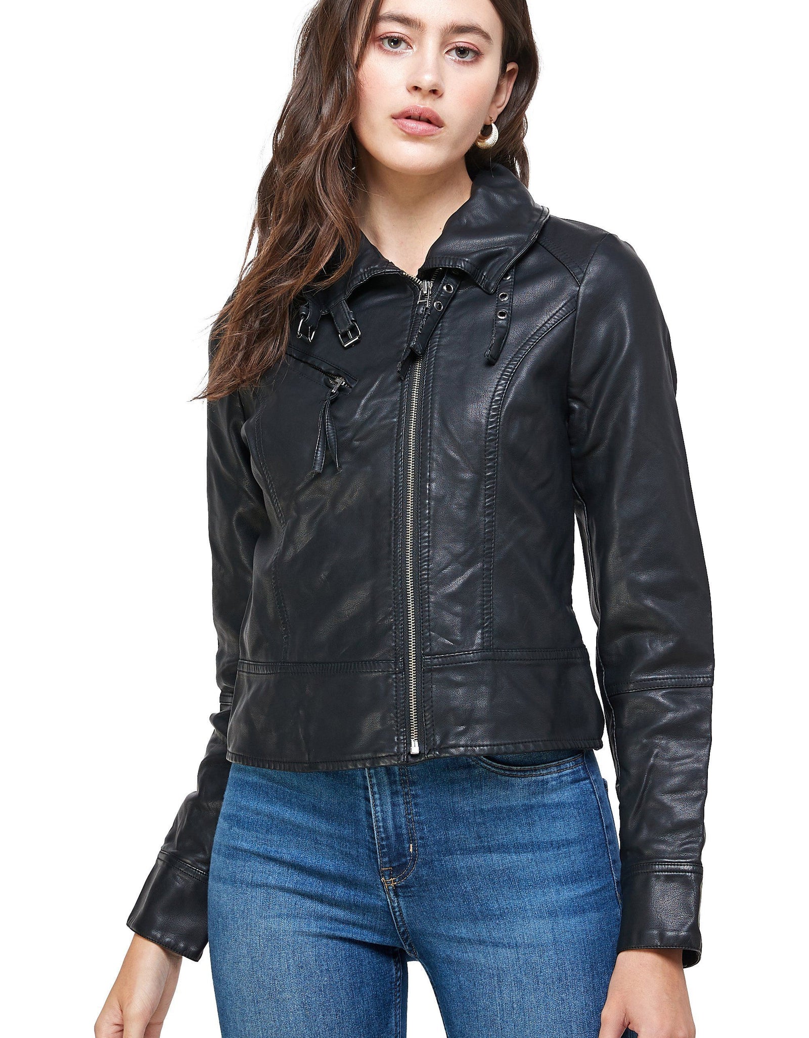 Double Buckle High Neck Vegan Leather Biker Jacket